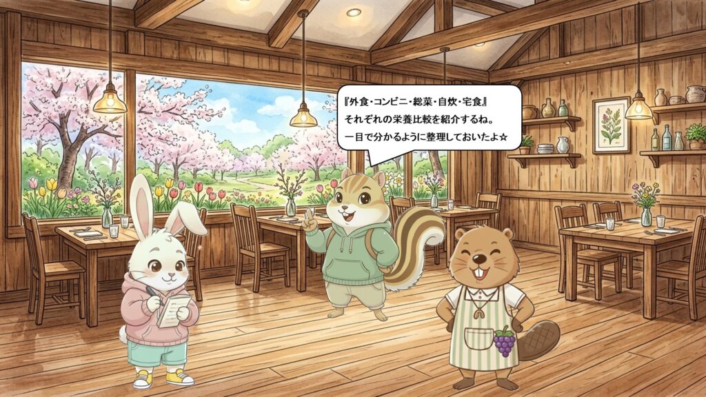 食事の栄養比較：外食・コンビニ・総菜・自炊・宅食